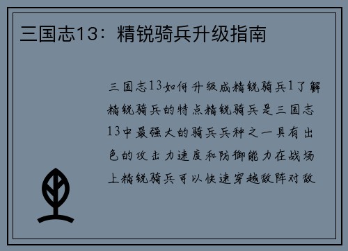 三国志13：精锐骑兵升级指南